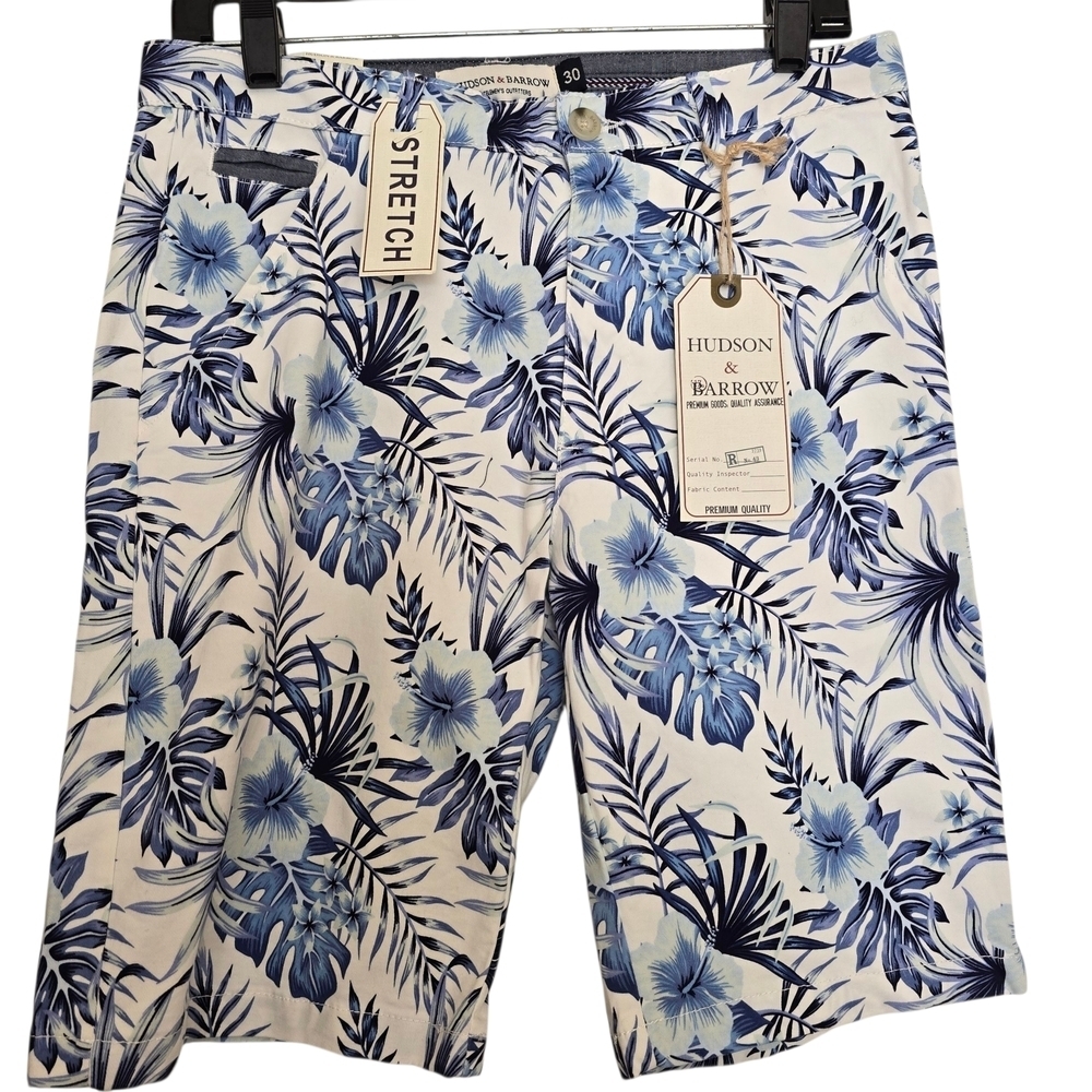 NWT Blue Floral Men's Flat Front Tropical Hibiscus Blue White Shorts